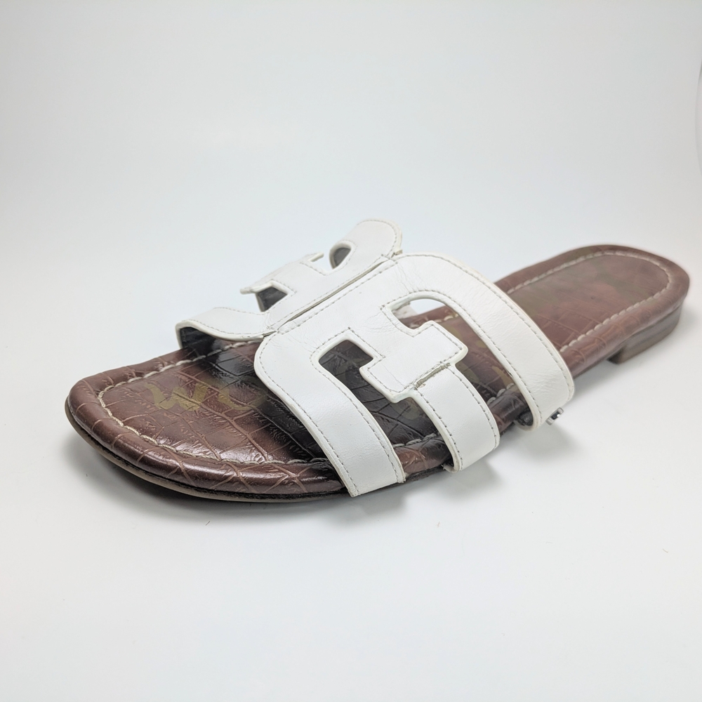 Sam Edelman White Leather Slide Sandals with Brown Footbed - Picture 16 of 16